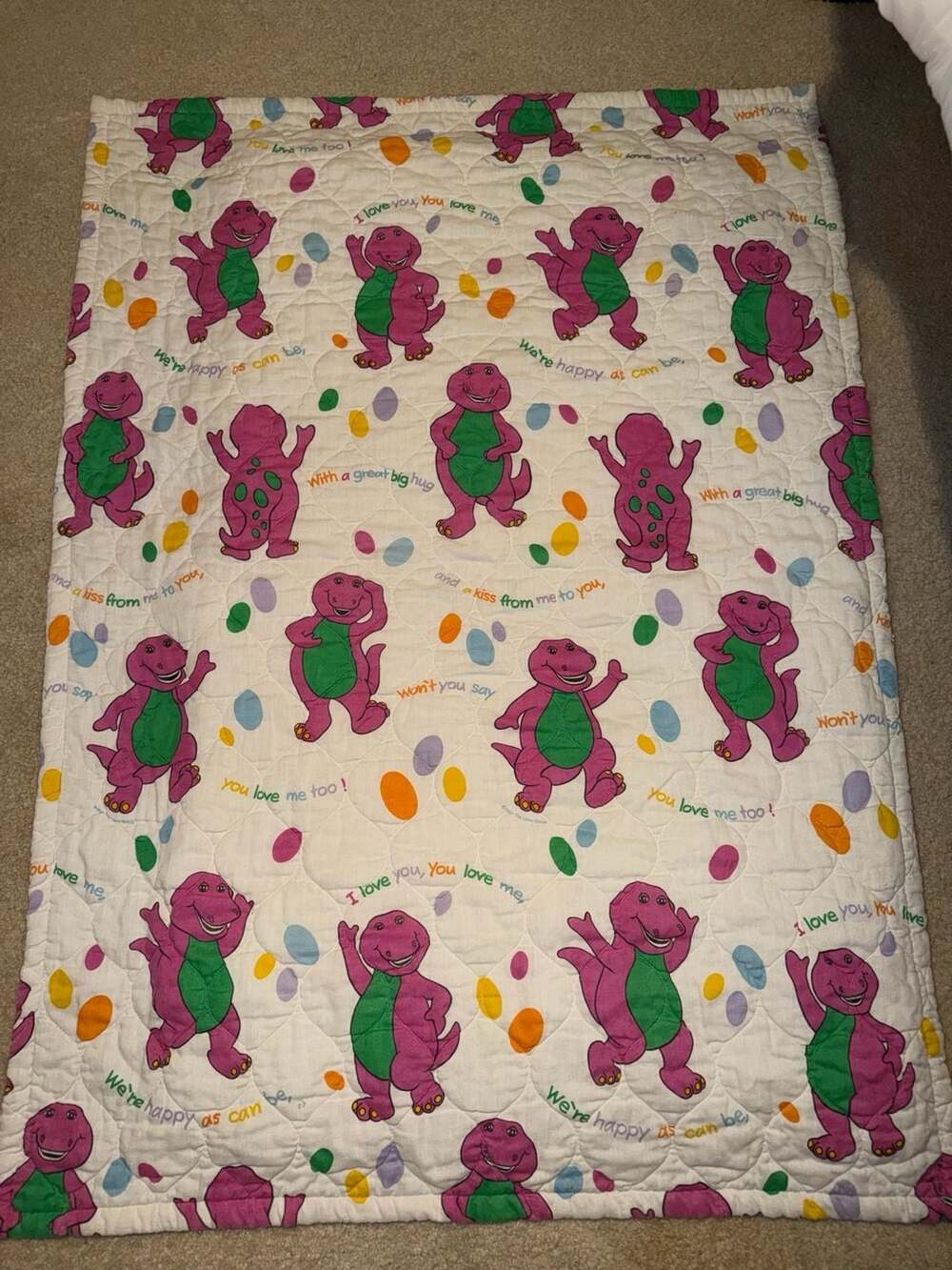 Vintage 1992 Barney The Dinosaur Quilted Blanket The Lyons Group